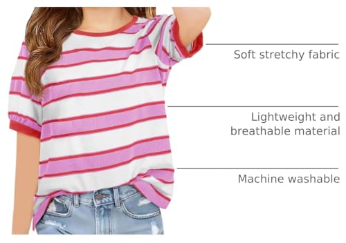 Image of Haloumoning Girls Striped Short Sleeve T Shirts Kids Summer Casual Tops Crewneck Tees Blouses 5-14Y