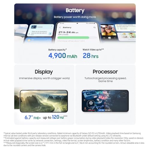 Samsung Galaxy S25 FE, AI Smartphone, Slim 7.4mm Frame, 6.7" FHD Display, 50MP Camera, Exynos 2400, 128GB Storage, 8GB Memory, 4900 mAh Battery, JetBlack, 3 Year Extended Warranty (UK Version)