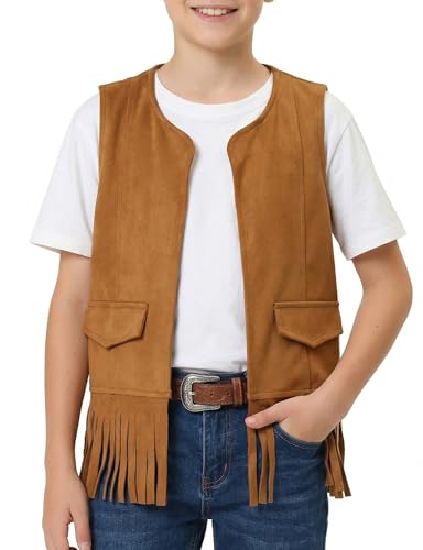 Image of Spring&Gege Boys Western Faux Suede Fringe Vest Sleeveless Cowboy Tassel Waistcoat Vintage Jacket Cardigan 5-14 Years