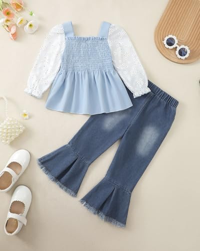 Image of Kucnuzki Toddler Kids Girl Clothes Long Sleeve Shirt Tops Baggy Jeans Cute Pants Set Baby Girl Outfit 2 Piece Clothing