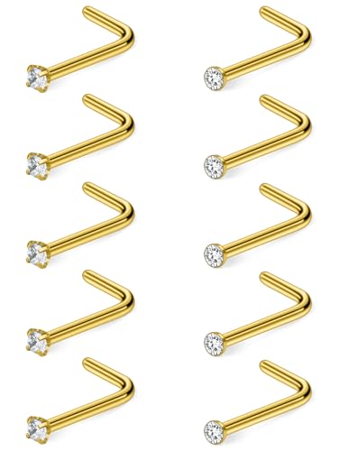 Hoeudjo Nose Studs Surgical Steel Cubic Zirconia Nose Rings Kit for Women Men Gold Tiny Nose Stud L Shaped Nostril Piercing Jewelry 18 Gauge 10 Pieces 2mm Clear CZ