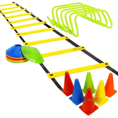 Image of MRT Sports Fitness Combo - 6 INCH 6 Pieces Speed Hurdle, 6 Pieces Stacking Cones, 10 Pc Multicolour Space Markers and 1 Pc Agility Ladder th 10 Rungs Multicolour Hurdles 6 inch Pack of 6