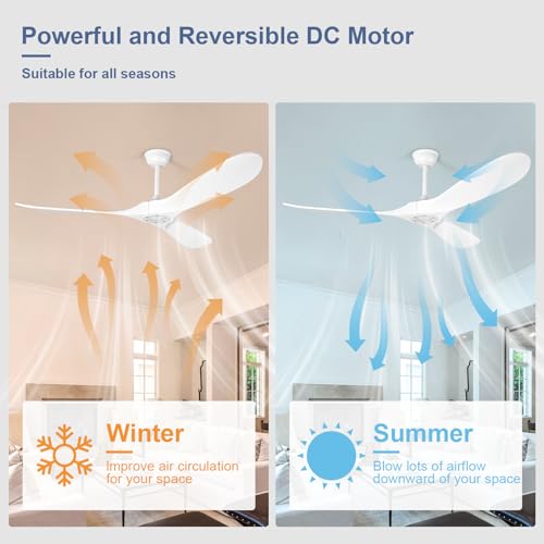 Image of Solid Wood Ceiling Fans no Light, Ceiling Fan with Remote Control,DC Motor with Large Airflow,Indoor and Outdoor Ceiling Fan for Living Room,Bedroom,Patios(White,52 Inch)