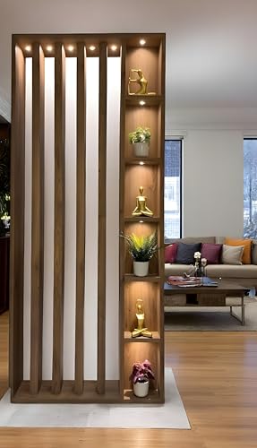Image of Australian Handicrafts 72x36 Inch Sagwan Wood Partition Modern Room Divider with Vertical Slats & Display Shelves Living Room and Dining Room Separator Home Decor Partition Rack (No Lights)