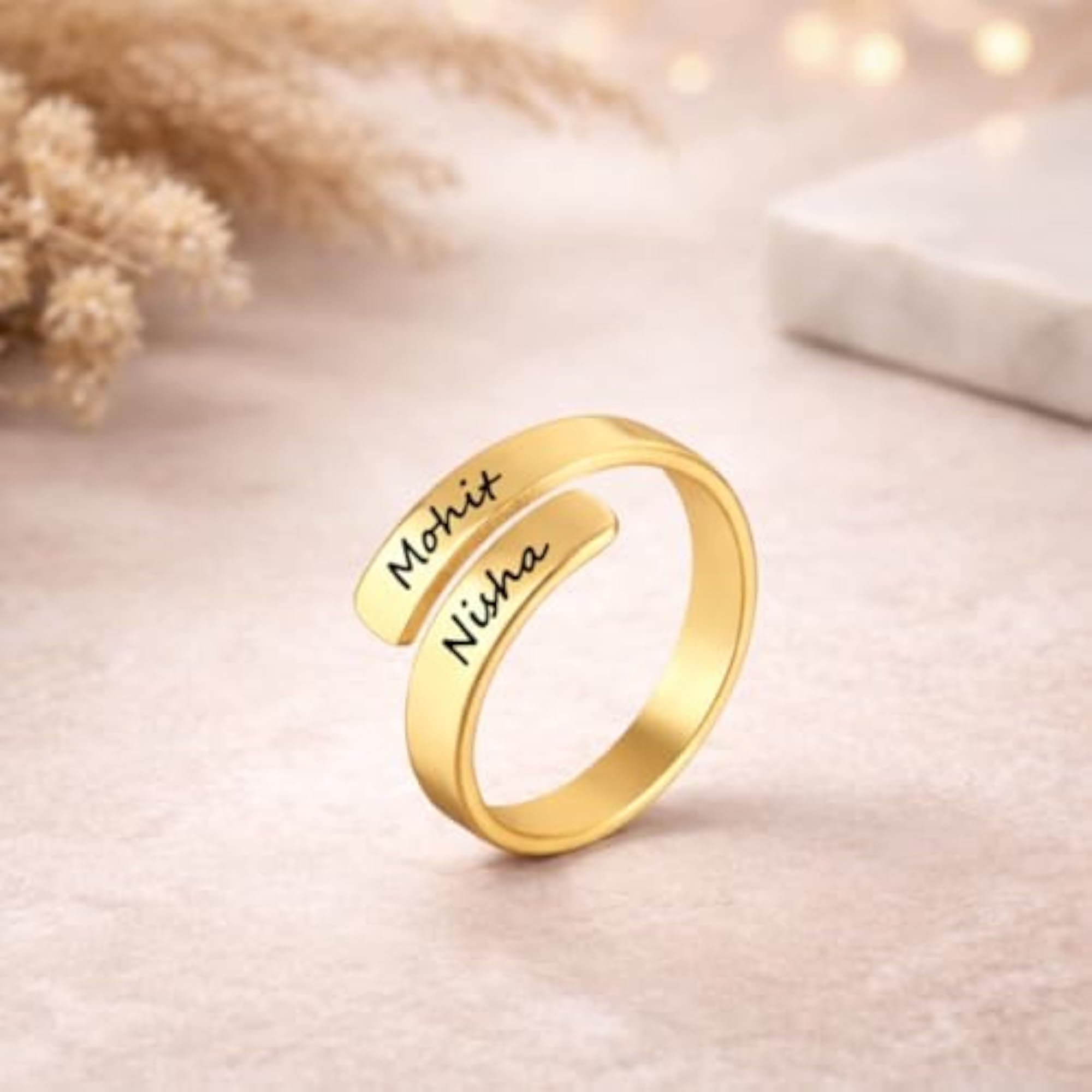 Personalized Couple Name Wrap Ring, Custom Engraved Stainless Steel