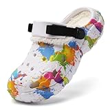 Zuecos de invierno forrados – Zuecos de EVA para hombre con diseño de salpicaduras de color, ligeros, antideslizantes, con correa ajustable, pantuflas de invierno para jardín, Blanco, 47 EU