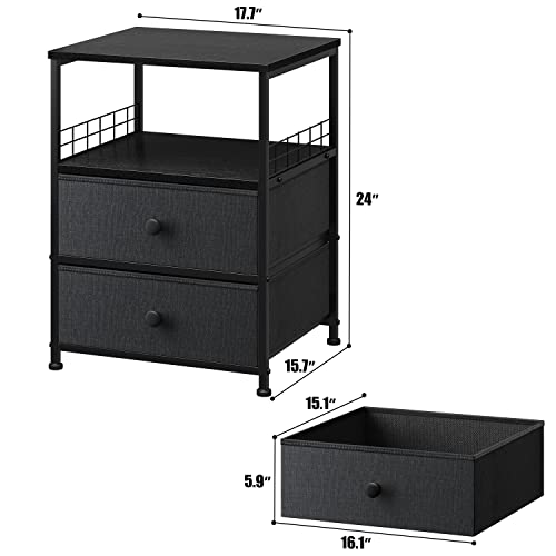 Enhomee Nightstand Set Of 2, Bedside Table With Fabric Drawers And Open Wood Shelf Storage, Bed Side Table With Metal Frame, Night Stand For Bedroom, Dorm, Easy Assembly And Pull, Black And Gray #TOP2