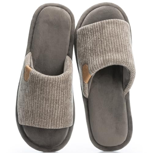 Image of GOEWY Mens Slippers with Memory Foam Gifts House Slippers for Men Indoor Outdoor Slip On Non-Slip Sole Open Toe Cozy Bedroom Slippers Size 9 10 Grey