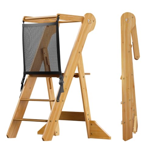 Image of COSYLAND Foldable Toddler Standing Tower - Kids Kitchen Step Stool Helper | Folding 2-level Height Stand Tower, kids 18M-6Y, 70% pre-assembled anti-tip & non-slip bathroom Sink or Kitchen Counter
