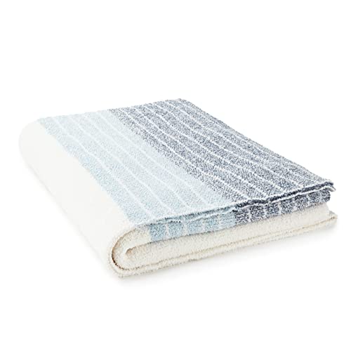 Crafted By Catherine Heathered Border Cozy Knit Throw Blanket 60" X 70" Inches, Soft Comfy Decorative Throw For Couch Bed Sofa Travel, Stripe Cream And Blue #TOP4