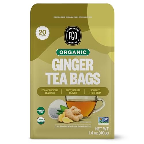 Image of FGO Organic Ginger Tea, 20 Count, Eco-Conscious Tea Bags, Resealable Bag, Packaging May Vary (Pack of 1)