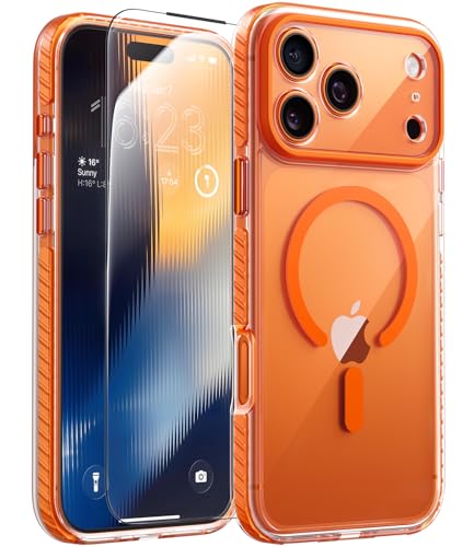JUESHITUO für iPhone 17 Pro Max Hülle mit Kameraschutz für Magsafe [Militärschutz] [Anti-Vergilbung] [mit 1 Stück Schutzfolie] Stoßfest Handyhülle Case Transparent+Orange