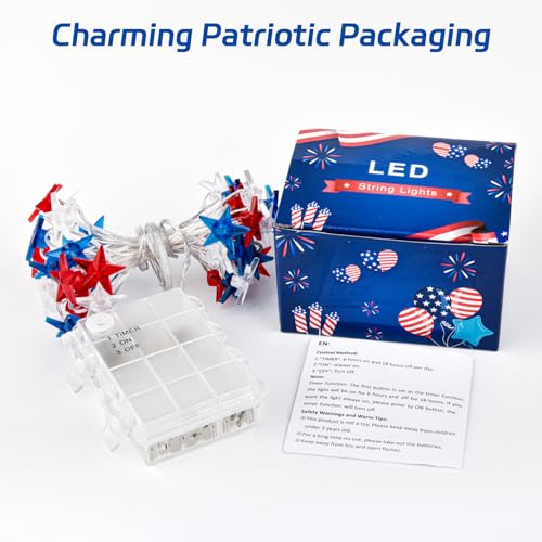 Cshare CS-4MWJX 4Th Of July Lights Battery Operated, Red White And Blue Lights With Timer Outdoor Waterproof, 13Ft 40Led Patriotic Star String Lights For Memorial Day Presidents Day Independence Day thumb #6