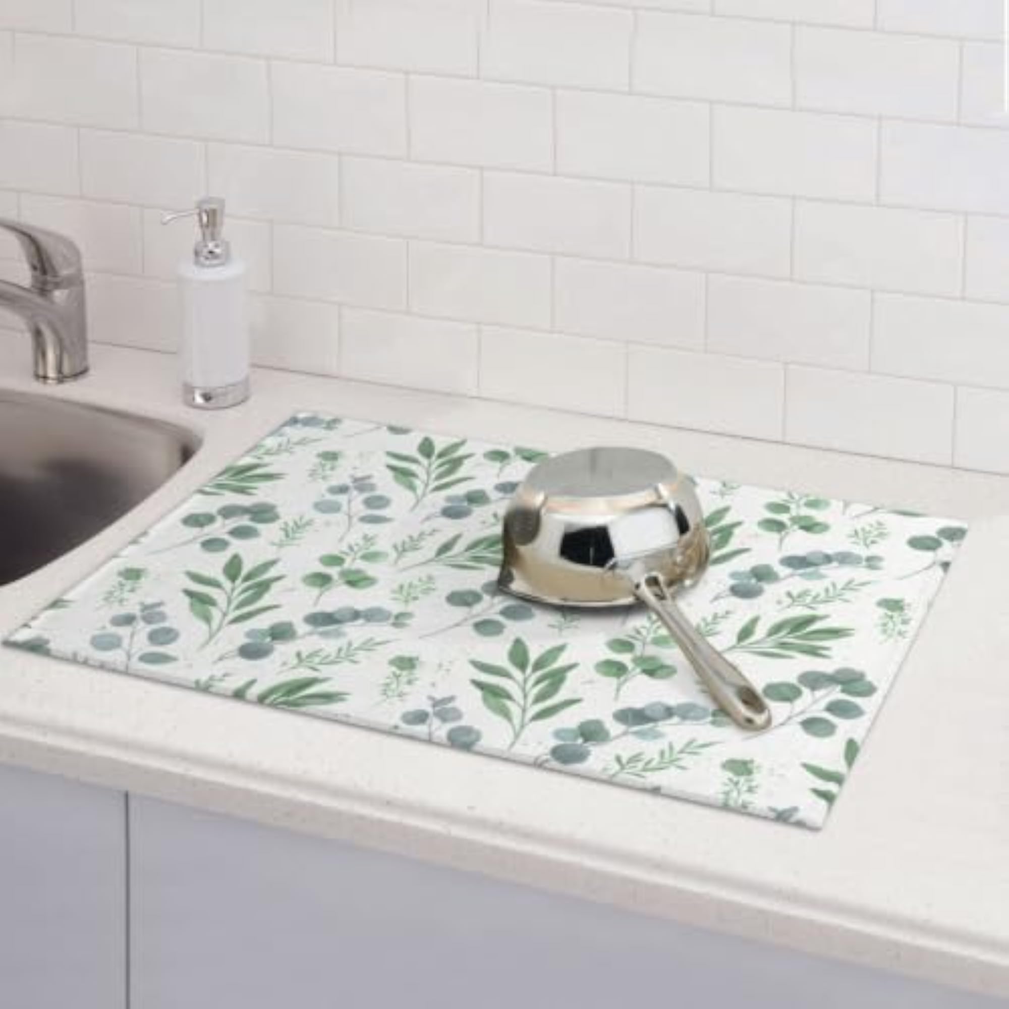 Sage Green Dish Drying Mat, Microfiber Absorbent