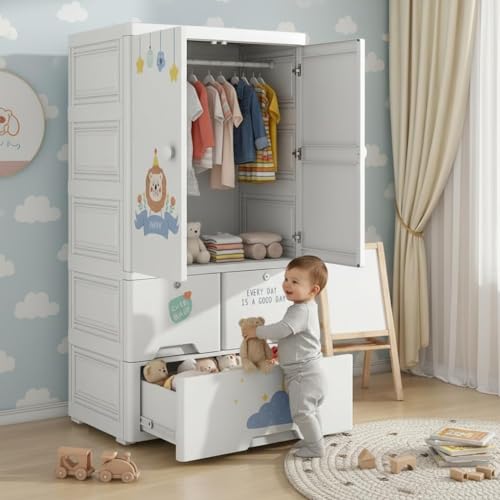 Image of Sunderlook Plastic Wardrobe for Kids Clothes - Foldable Collapsible Wardrobes for Clothes, Large Cupboard for Storage for Men and Women (Cloud White, 1 + 3 Door)