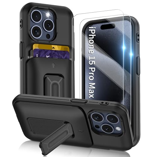 Gritup for iPhone 15 Pro Max Case with Cards Holder Heavy Duty Shockproof Protective Cover [Kickstand] [2X HD Screen Protectors] Black
