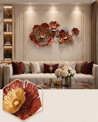 Image of ZOVE Radiant Rooms Metal Flower Wall Art for Living Room | Modern 3D Floral Wall Decor | Premium Iron Wall Hanging for Bedroom, Dining Room, Hallway & Office | 40 x 21Inch | Red & Gold