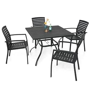 37" Plastic Top 4 Person Square Patio Dining Table with Metal Steel Leg, Three-Dimensional Wood-Like Grain and Umbrella Hole 37 Plastic Top 4 Person Square Patio Dining Table with Metal Steel Leg Three Dimensional Wood Like Grain and Umbrella Hole