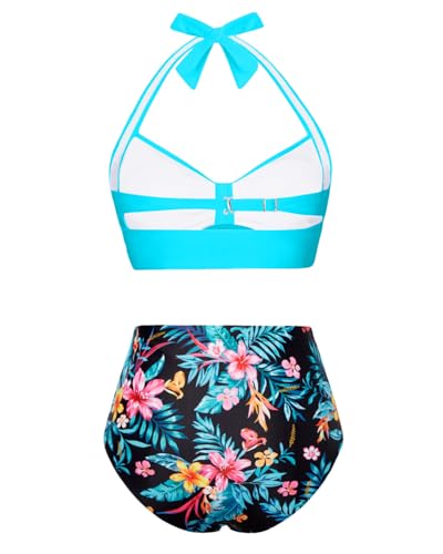 Image of Holipick Women High Waisted Bikini Set Two Piece Swimsuit Tummy Control Bathing Suit Vintage Halter Swimwear