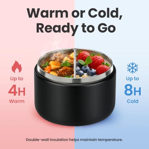 Image of Pawtong 12oz Insulated Vacuum Food Jar with Buckle Lid Wide Mouth Soup Thermo for Hot Food Kids Leakproof Stainless Steel Lunch Container- Black- 1Pack