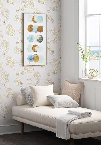 Image of KBR Luxury White & Gold Floral Rose Wallpaper (45 x 300 cm) - Elegant Waterproof Peel & Stick Self-Adhesive Wall Covering with Modern Golden Line Art Flower Design Roll for Living Room, Bedroom