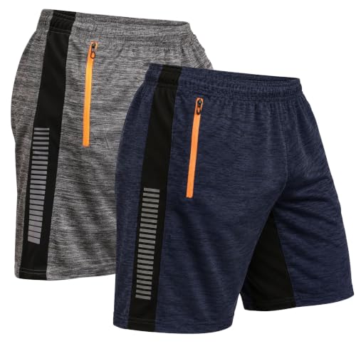 Image of NINQ Men's Sports Shorts Pack of 2 | Casual Gym Shorts with Side Zipper Pockets, Elastic Waist & Quick-Dry Comfort for Running & Workout