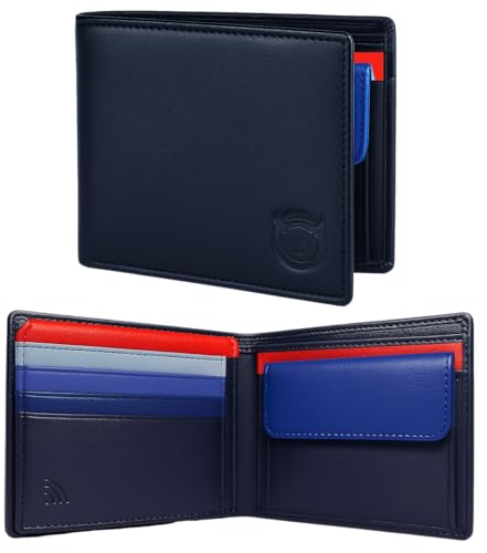 RFID Blocking Leather Wallet for Men – Slim Bifold Top Grain Leather, Gift Box, Premium Navy Blue Wallet with Card Slots & ID Window – Stylish Design Large Capacity