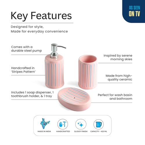 Image of ExclusiveLane 'Blush Elegance' Ceramic Soap Dispenser Set for Bathroom Wash Basin Bathroom Accessories Set of 3 (Liquid Soap Dispenser, Toothbrush Holder, Soap Tray Holder, Hand-Carved)