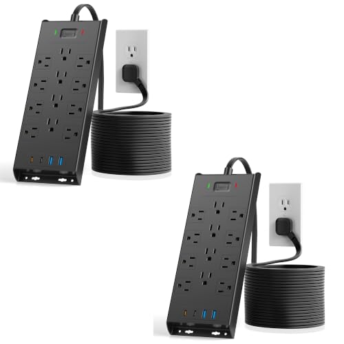 Image of Surge Protector Power Strip 4800J, LeZone 10Ft Long Extension Cord Flat Plug, 12 Outlets 2 USB C 2 USB Ports, Wall Mountable, Desk Charging Station, Black, Pack of 2