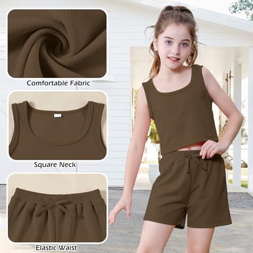 Image of U.nikaka Girls 2 Piece Outfits Casual Girls Shorts Sets Sleeveless Crop Tank Top and Short Sets Ribbed Workout Sets Summer