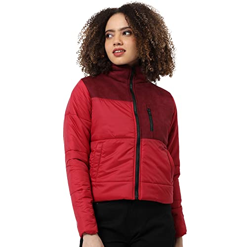 Image of Campus Sutra Women Red & Maroon Puffer Regular Fit Bomber Jacket For Winter Wear | Standing Collar | Full Sleeve | Zipper | Casual Jacket For Woman & Girl | Western Stylish Jacket For Women