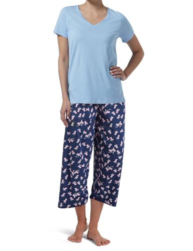 Image of HUE Women's Basic 2 Piece Pajama Set V-neck Tee and Printed Knit Capri Pant Made With Temperature Control Technology