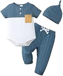 Renotemy Preemie Nouveau-né garçon d'été vêtements cadeau courte manche bouton Romper bébé garçons body long pantalons ensemble avec chapeau