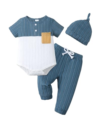 Renotemy Preemie Newborn Boy Spring Summer Clothes Gifts Casual Navy Blue Short Sleeve Button Rompers Baby Boys Pocket Color Block Premature Bodysuit Elastic Waist Long Pants Outfits Set with Hat