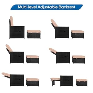 5pcs outdoor wicker chaise lounge chair rattan adjustable reclining patio lounge chair with ottoman and coffee table for patio beach pool backyard black wicker khaki cushion  urban country home decor