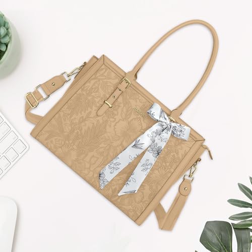 Image of MOSISO Laptop Bag for Women, PU Leather Tote Bag, Front Embossed Retro Hibiscus Computer Bags with Silk Scarf&Clutch Purse