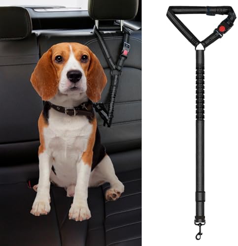 Dog Seat Belt, Pet Car Seatbelt with Elastic, 2 in 1 Adjustable Headrest Restraint Reflective Puppy Safety Harness (Black)