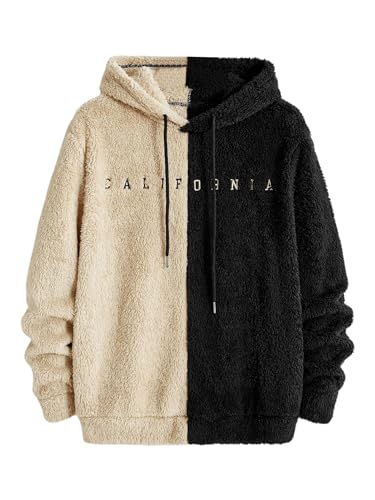 Verdusa Men's Color Block Letter Embroidery Fuzzy Hoodie Long Sleeve Fleece Sweatshirts