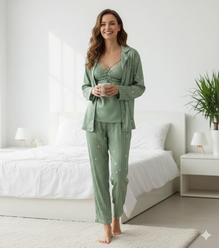 Image of Valentine's Day Fancy Night Suit Bath Robe Dress & Bra Penty Set Combo for Women's Pack of 7 Pcs Nightwear Lingerie Silk Wedding Set Gifts Lace Nightsuit Set (Free Size) Rust Green