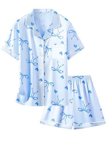 Image of Schbbbta Girls Womens Pajamas, Satin Silky Pjs Set Kids 2Pcs Button-Down Nightwear Sleepwear Gift for Mommy and me
