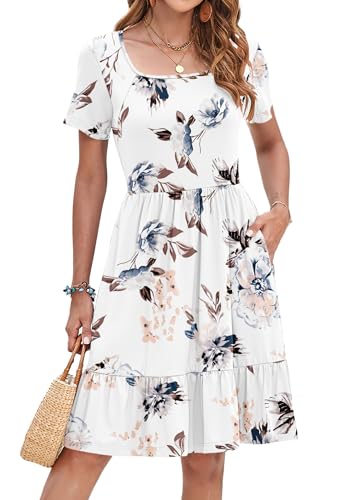 Image of AUSELILY Womens Summer Dresses 2025 Casual Short Sleeve Dress Square Neck A-Line Ruffle Sundress with Pockets