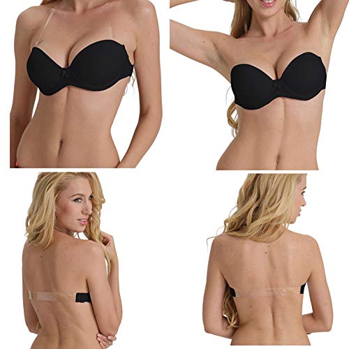 Strapless Bra with Clear Back Invisible Strap Push Up Padded Underwire Backless Halter Bralette 34D, Black - Thumbnail 2