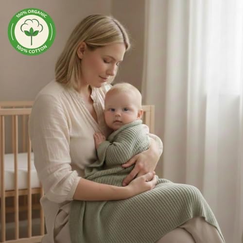 Image of 100% Organic Cotton Knit Receiving Baby Blanket for Newborns - Soft, Breathable Blanket for Crib & Stroller - Nursery Gift 2-Pack (Ribbed Fog /Roman Green)