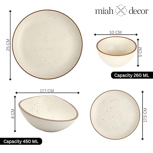 Image of Miah Decor Ceramic Dinner Set - 14-Piece Handmade Stoneware | 4 Bowls, 4 Quarter Plates, 4 Dinner Plates & 2 Serving Bowls | Off White Ribbed Matte Finish | Microwave & Dishwasher Safe | Ideal Gift