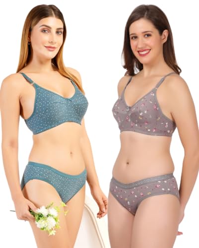 Image of Women Non Padded Wirefree Pure Cotton Printed Multicolor Bra & Penty Set 2 Pack Combo