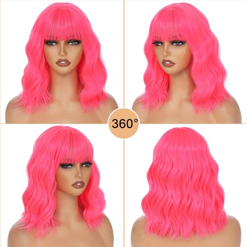 Image of AGO Pink Wigs with Bangs Pastel Bob Wig Shoulder Length 14Inch Synthetic Hair for Women Girl Heat Resistant Fiber Wig for Daily Party Halloween Cosplay Use(XT2124#HotPink)