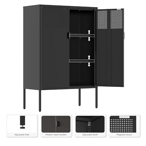 Image of Metal Storage Cabinet,2 Door TV Stand, Metal Mesh Accent Cabinet