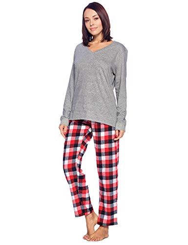 Ashford & Brooks Womens Cotton Long-Sleeve Top Flannel Pants Pajama Sleepwear Set, Red White Black, Medium