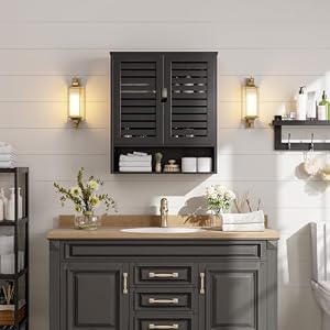 SMIBUY Bathroom Cabinet Wall Mounted Bamboo Over The Toilet Storage Organizer Space Saver Medicine Cabinet with 2 Door and Adjustable Shelves Black
