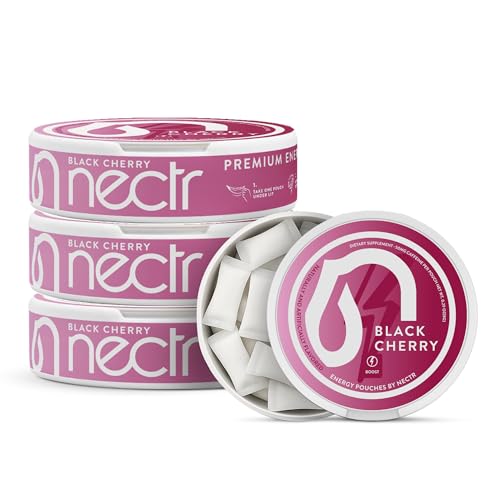 Image of Nectr Energy 50mg Caffeine Pouches - Black Cherry Flavored, Sugar-Free Brain Treats. 20x Mini Nicotine-Free Pouches Per Puck. Fast Focus & Energy Supplement - 4 Pack